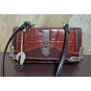 Brighton Bellissimo Heart Crossbody Wallet Brown Crocodile Dark Brown Leather